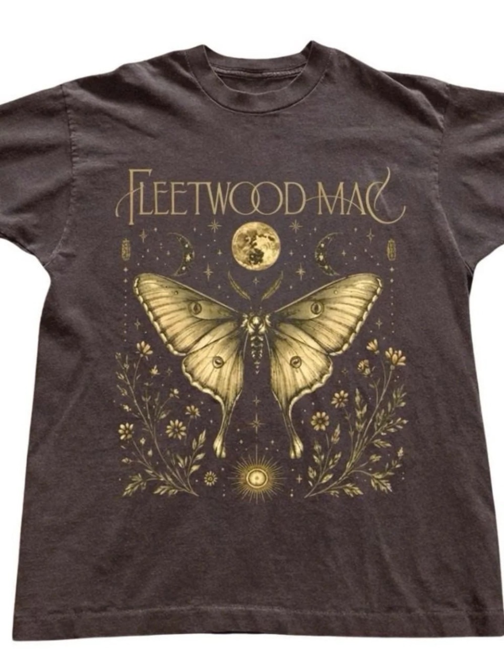 Brown Tee with Gold Fleetwood Mac Moth Graphic